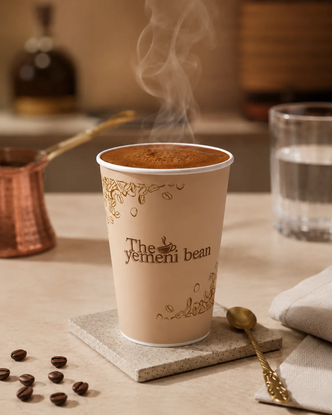 Traditional dark coffee with warm Yemeni cafe styling